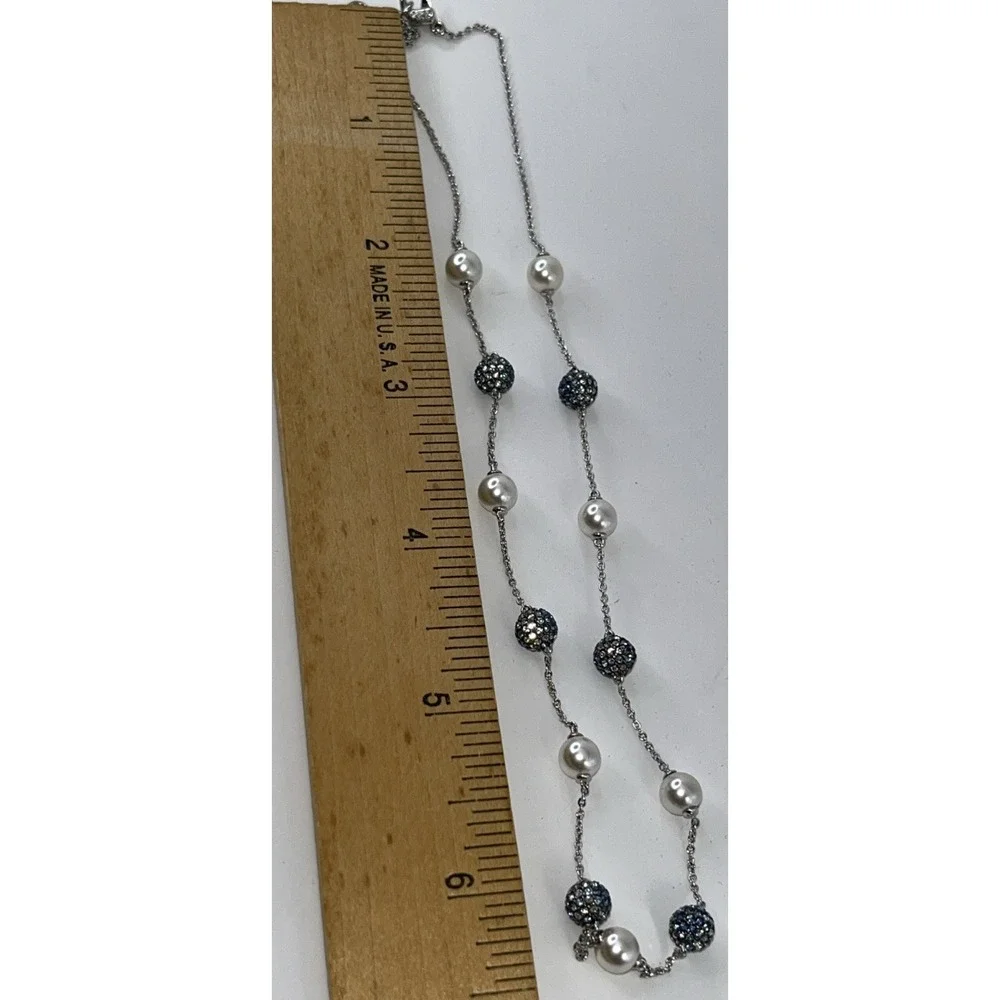 Silver-Tone Station Necklace with Faux Pearls & Blue Pavé Crystal Beads Polished